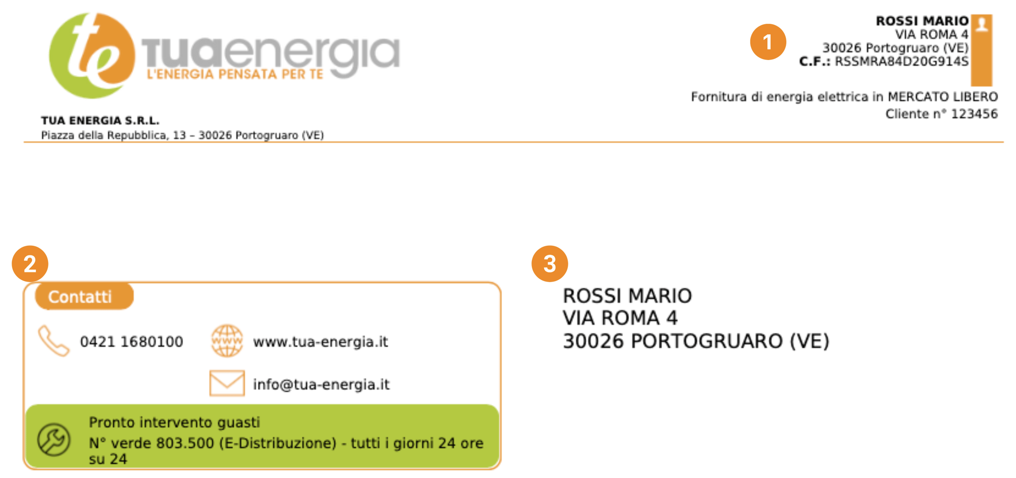 Prima pagina bolletta Tua Energia: dati cliente, contatti e indirizzo di spedizione.
