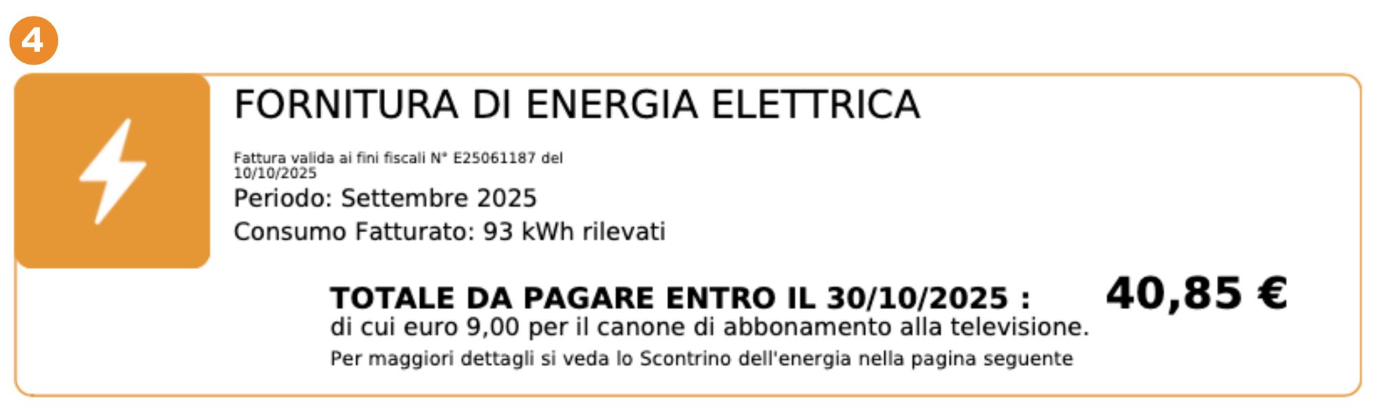 Dettagli bolletta Tua Energia: consumi, importo da pagare e scadenza.