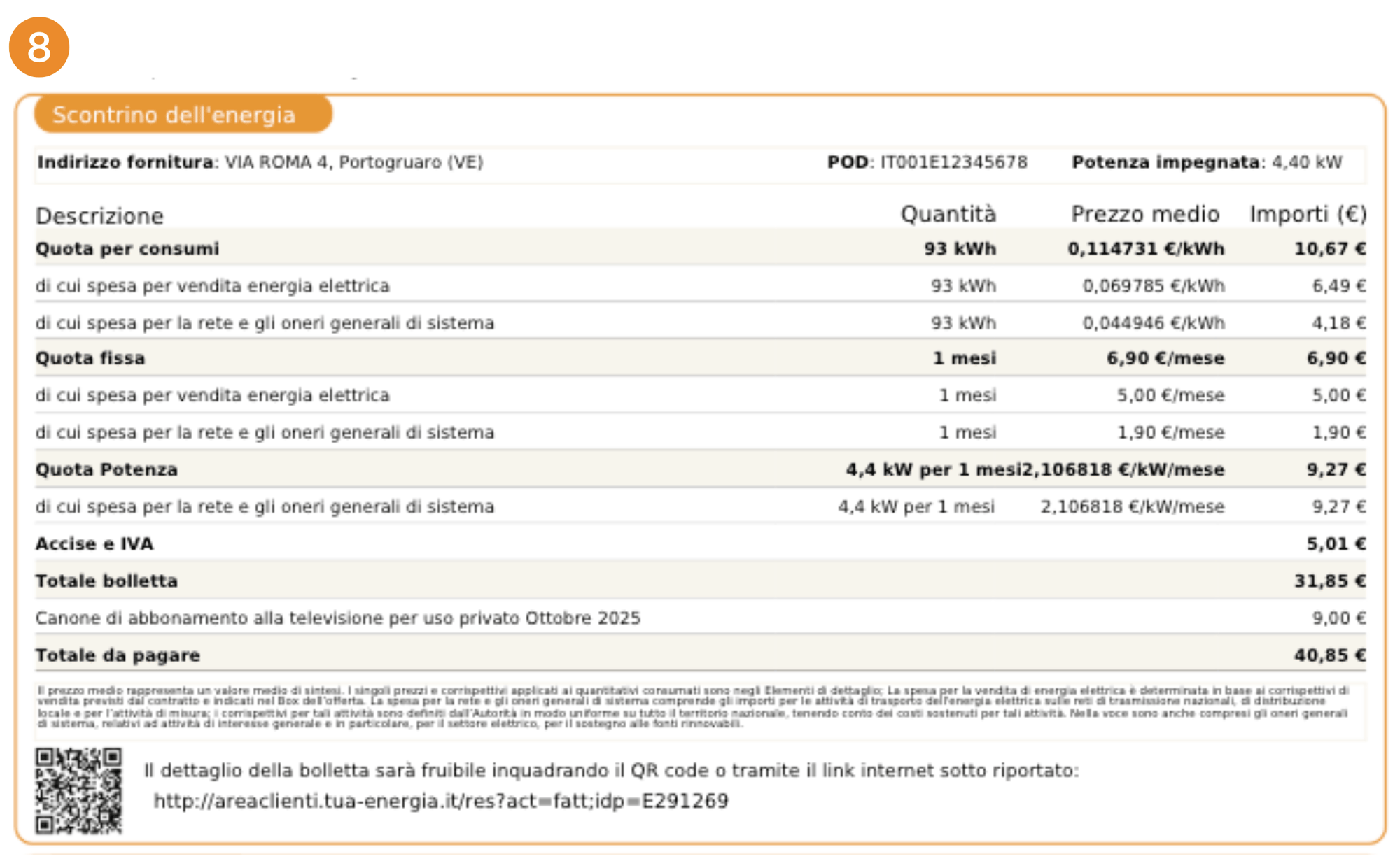 Bolletta Tua Energia: riepilogo importi e QR code per dettagli online.