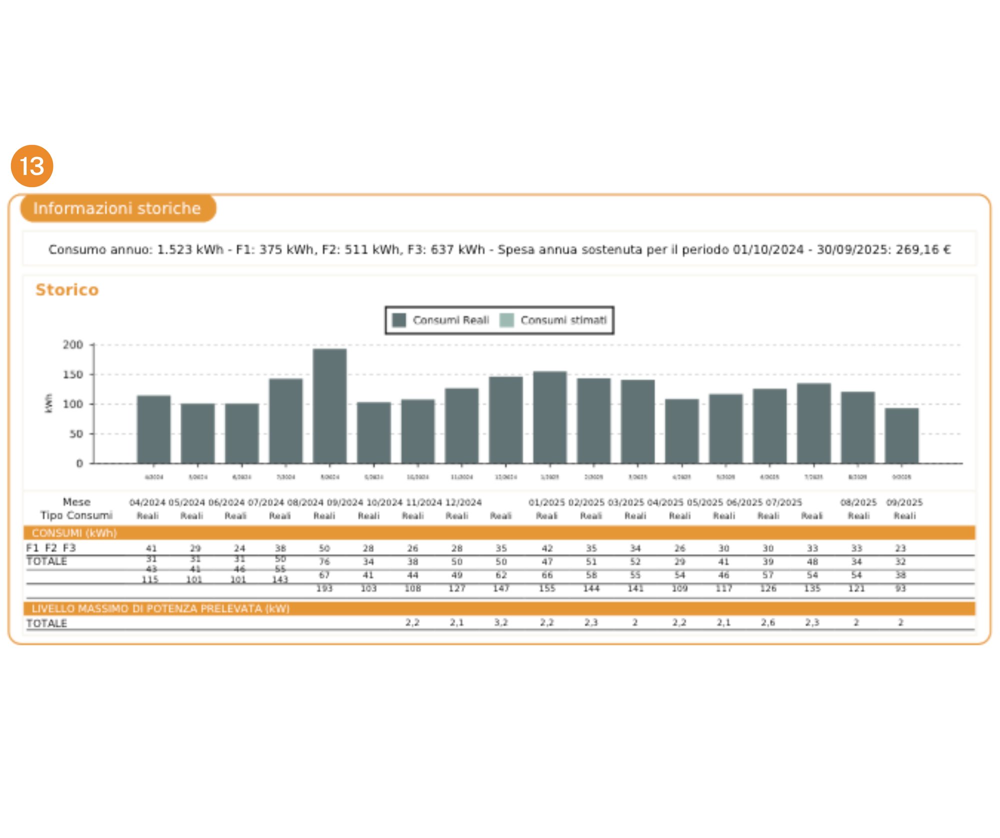 Bolletta Tua Energia: grafico dei consumi e spesa annua.