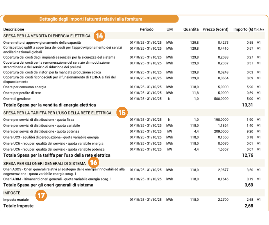 Bolletta Tua Energia: spesa per energia o gas, rete, oneri e imposte.