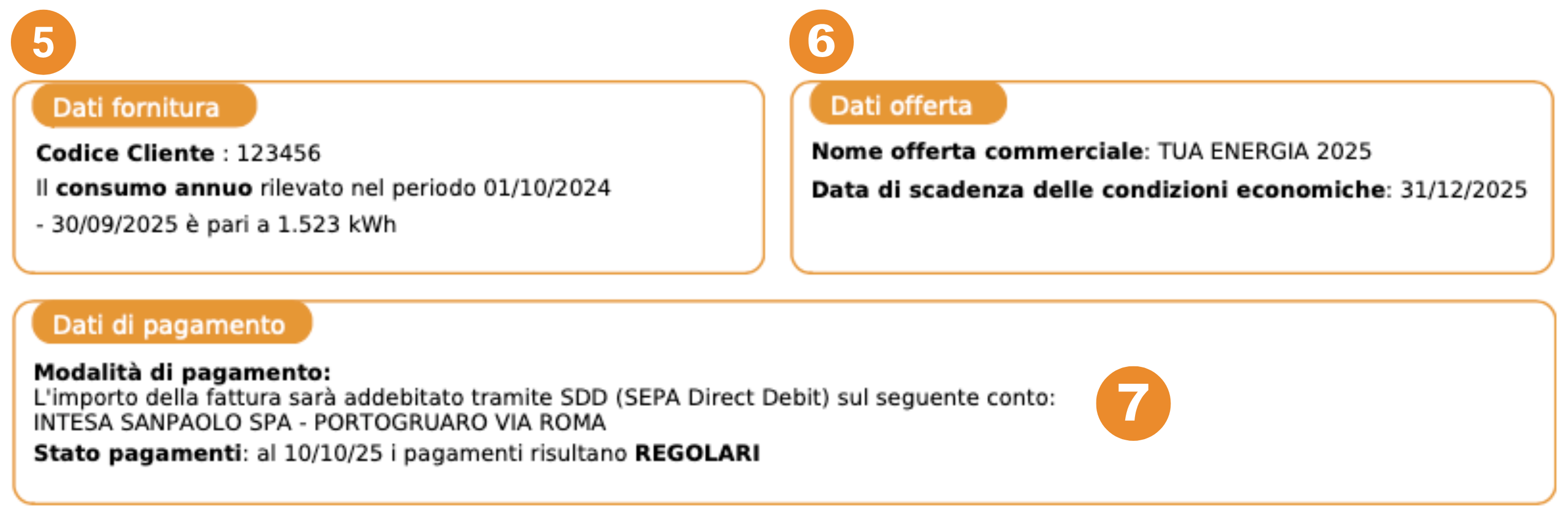 Bolletta Tua Energia: dati fornitura, offerta attiva e informazioni di pagamento.